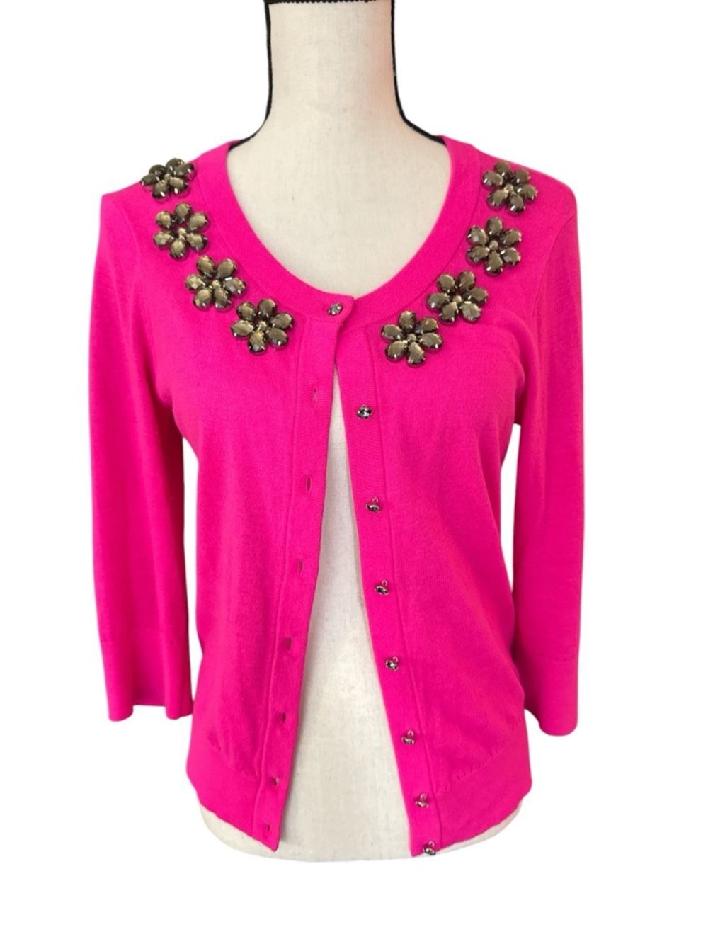 Kate Spade New York Pink Jeweled Floral Cardigan Sweater Medium Preppy Glam